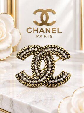 Authentic Chanel Crystal CC Logo Textured Gold Tone Brooch Pin